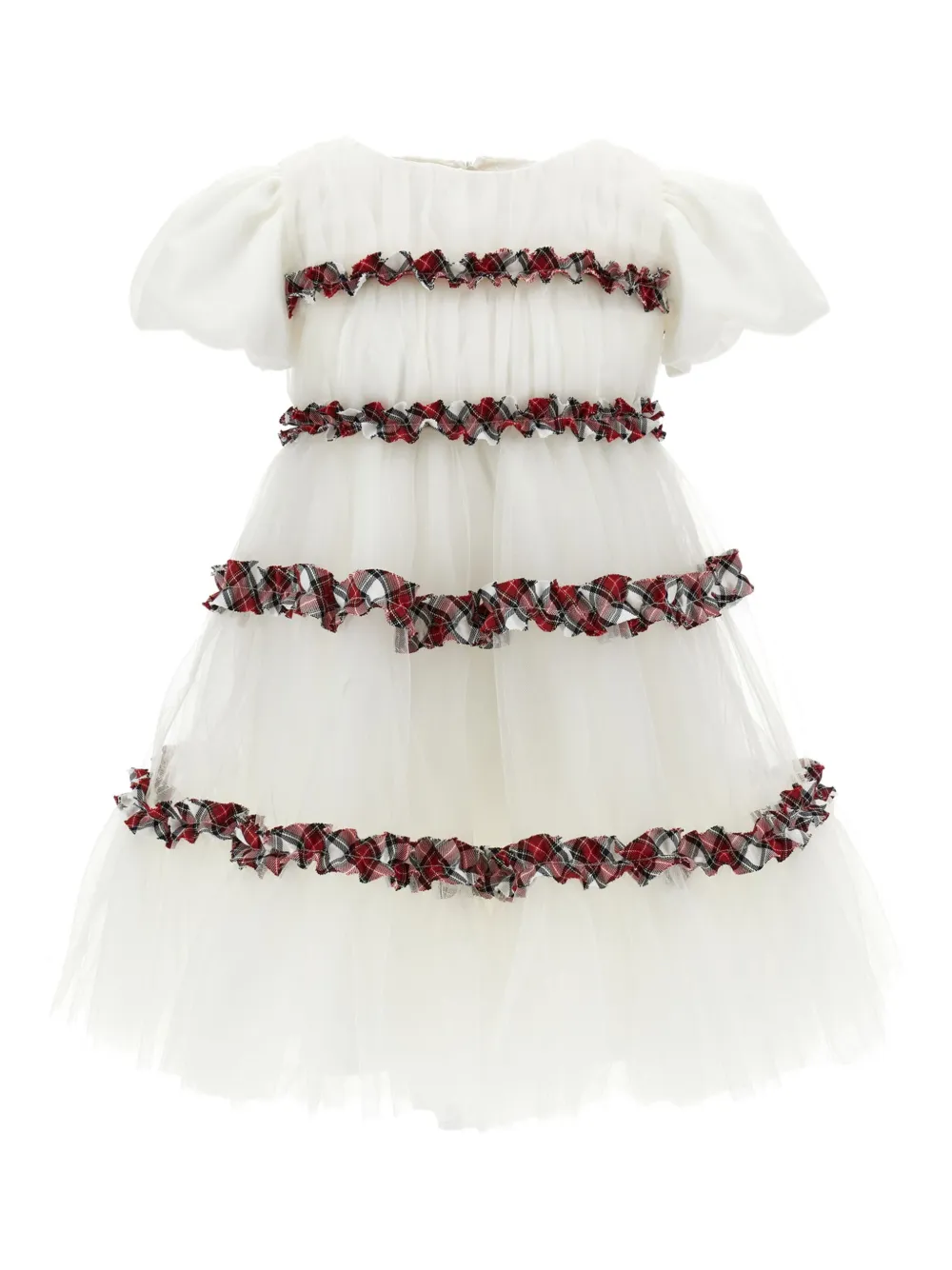 Monnalisa Tartan Pleated Tulle Dress With Ruffles In White
