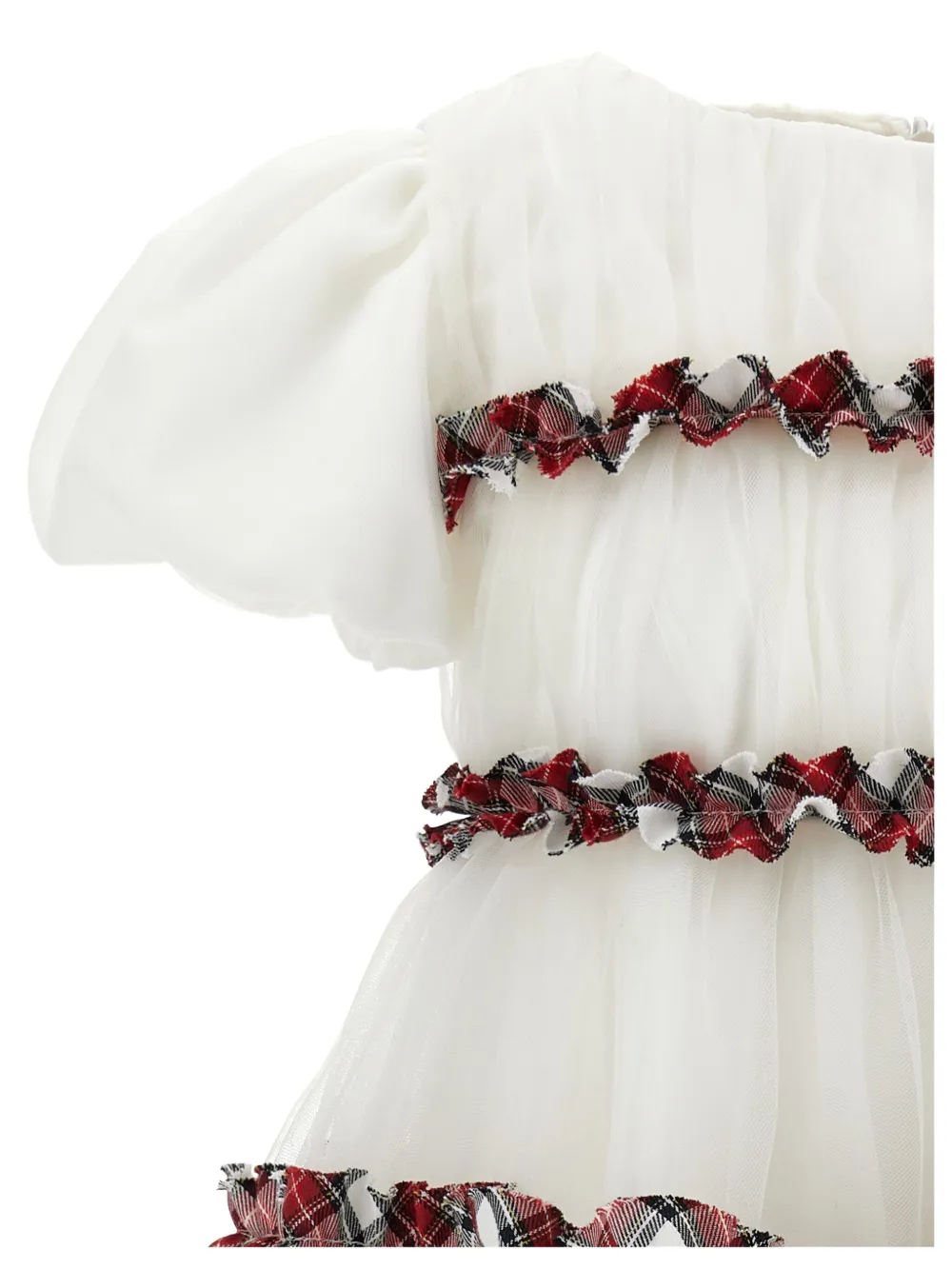 Monnalisa Tartan Pleated Tulle Dress With Ruffles In White