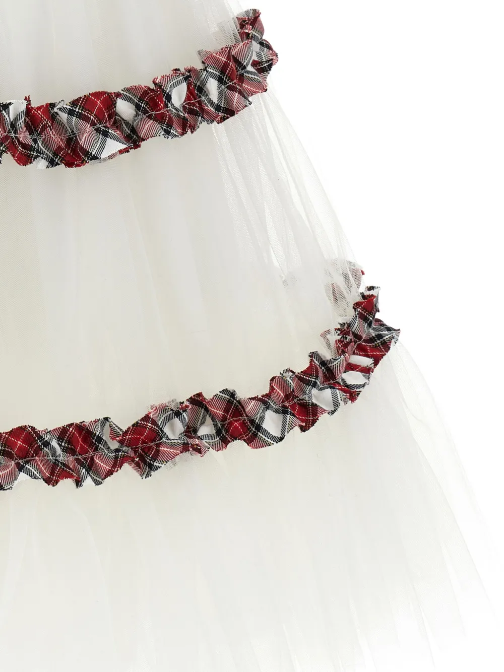 Monnalisa Tartan Pleated Tulle Dress With Ruffles In White