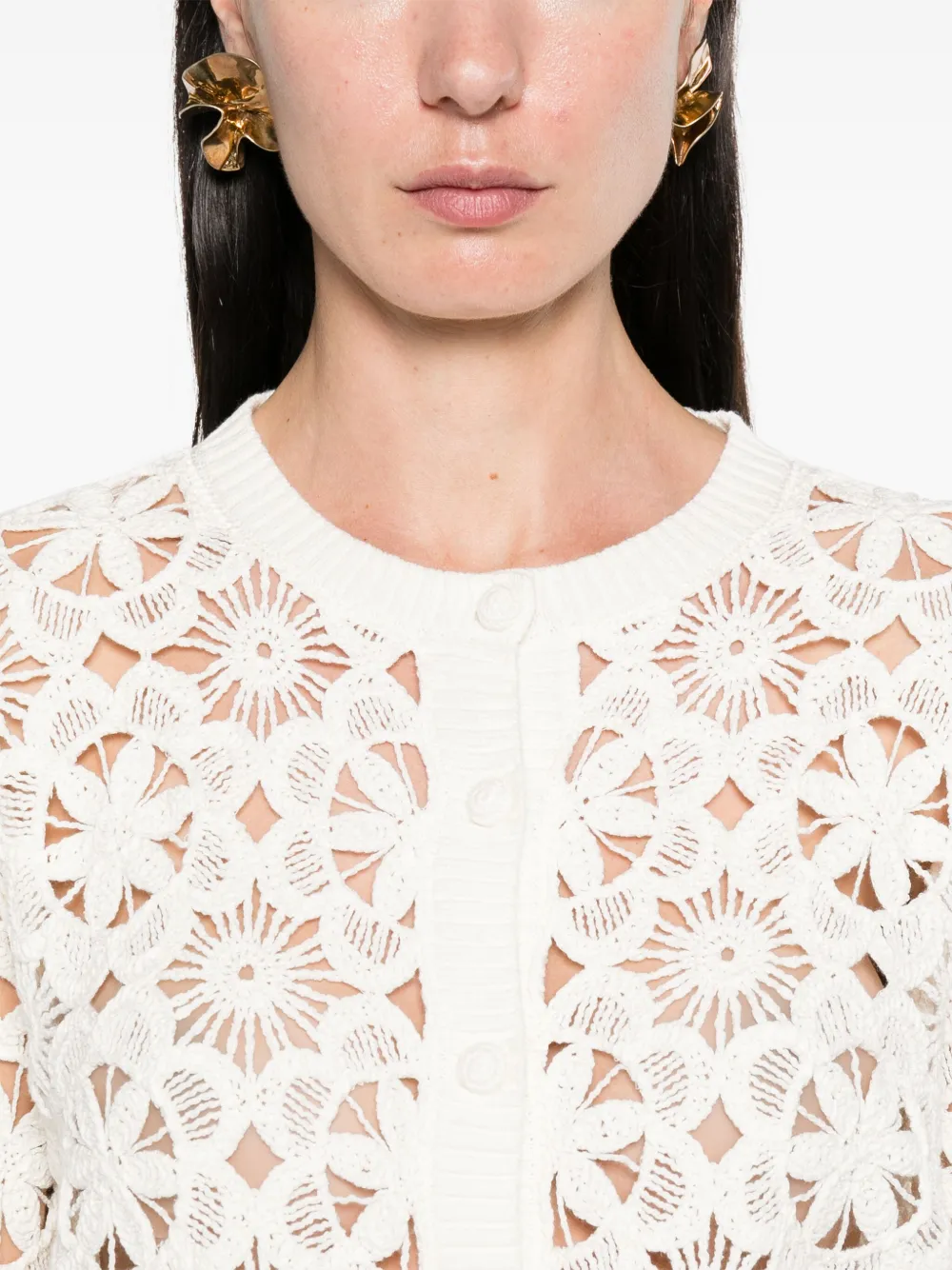Twinset Cropped Floral Open-knit Cardigan In White