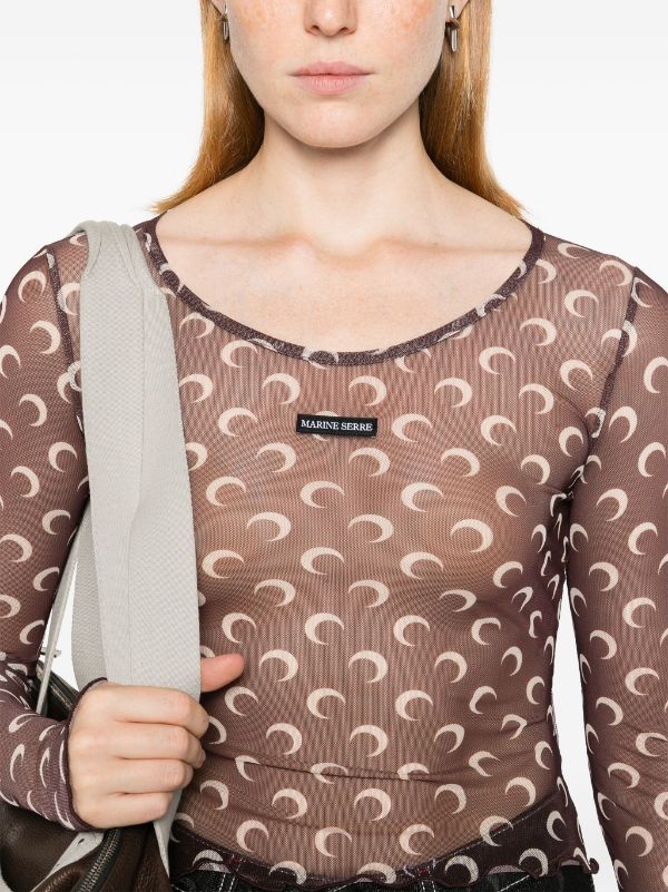 Marine Serre Moon-print Mesh Crop Top | Brown | FARFETCH AO