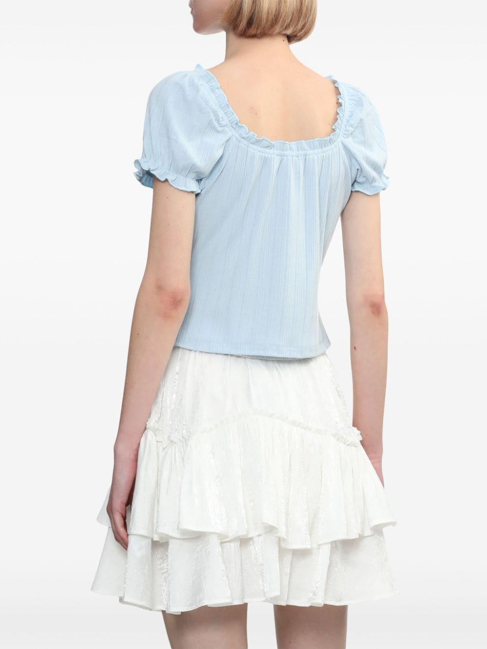 Shop Tout A Coup Puff-sleeves Ruffle-trim Blouse In Blue