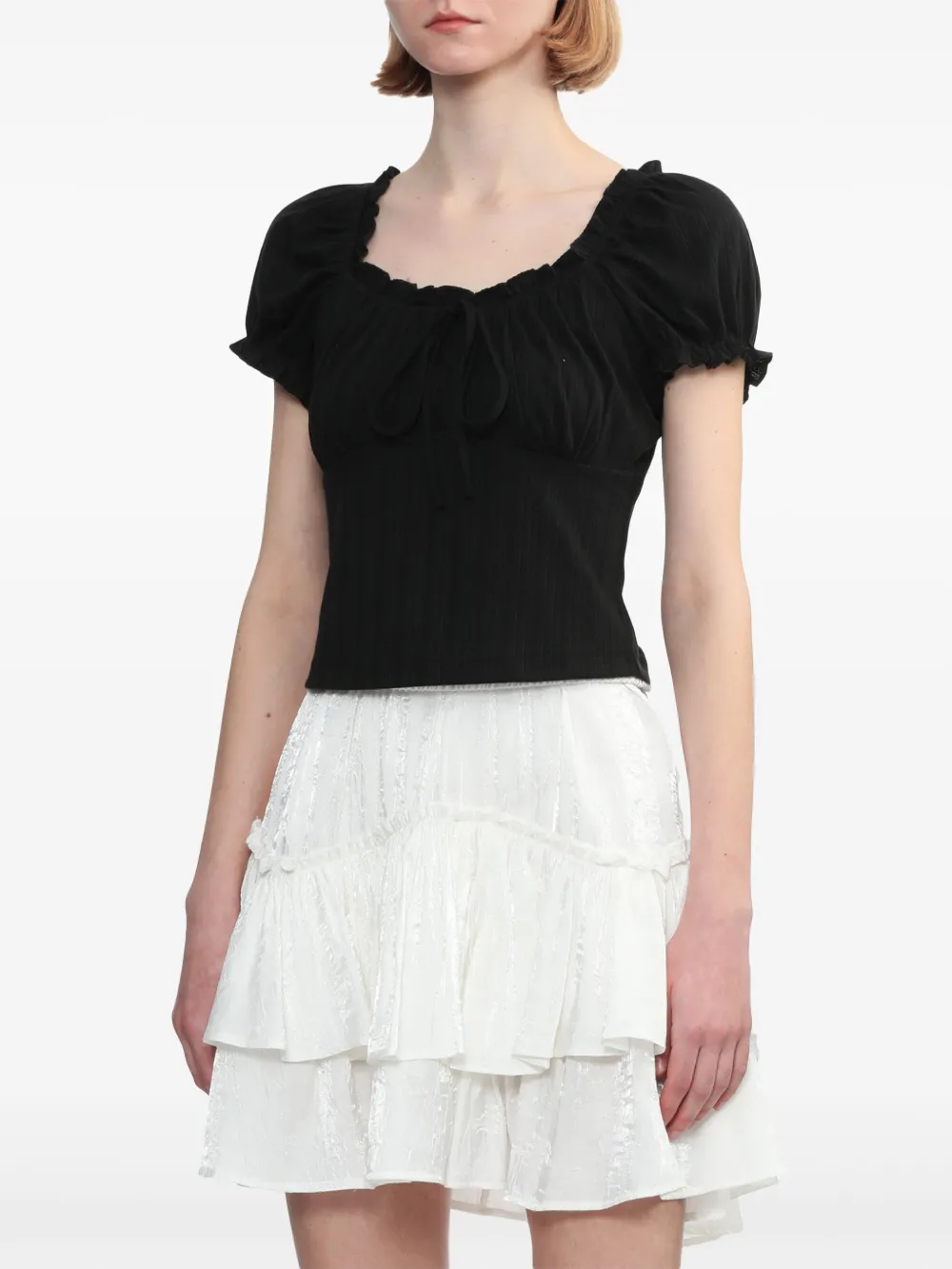 Shop Tout A Coup Puff-sleeves Ruffle-trim Blouse In Black