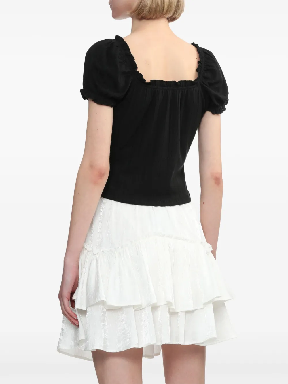 Shop Tout A Coup Puff-sleeves Ruffle-trim Blouse In Black