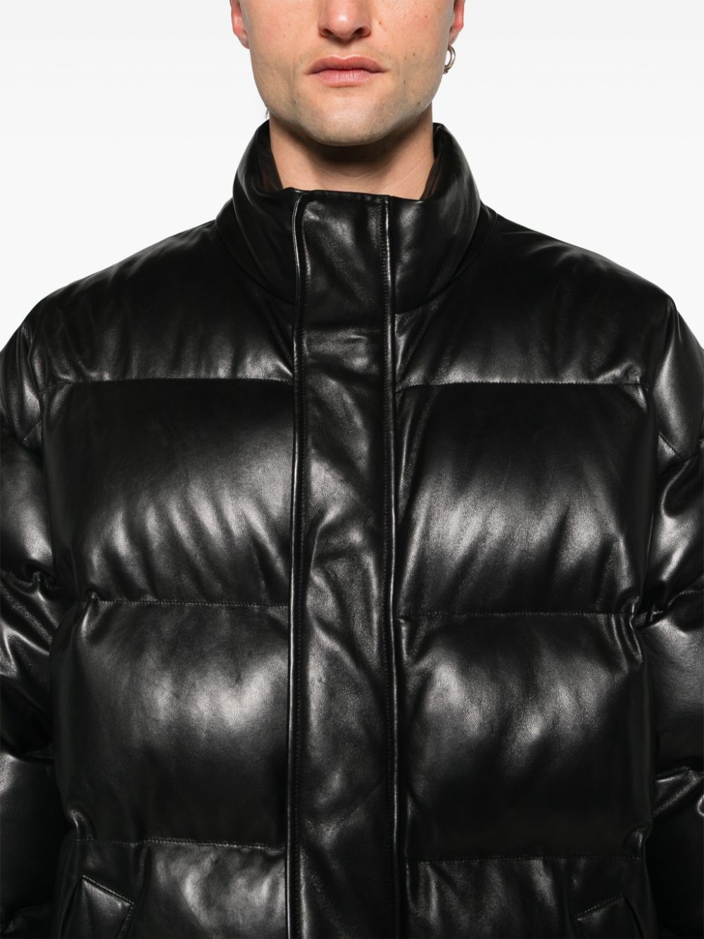 Shop Balenciaga High-neck Leather Padded Jacket In Black
