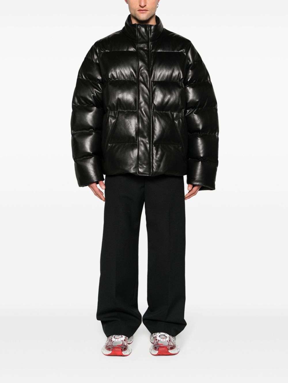 Shop Balenciaga High-neck Leather Padded Jacket In Black