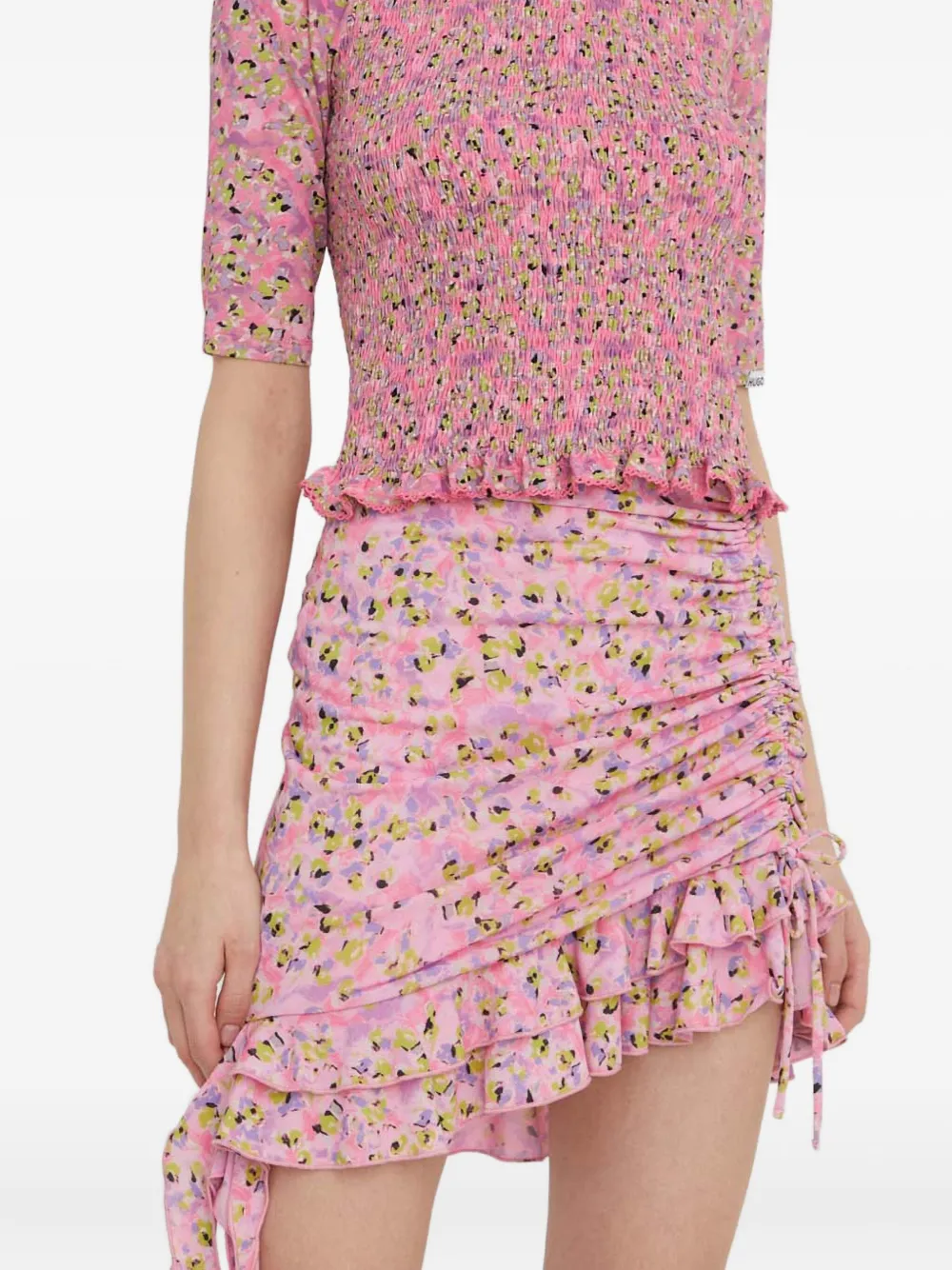 HUGO Mini-rok met ruches en bloemenprint Roze