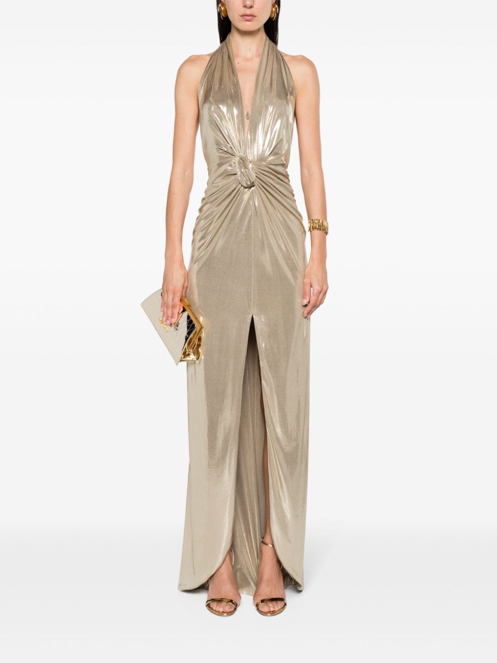 Shop Nissa Backless High-shine Maxi Dress In Gold