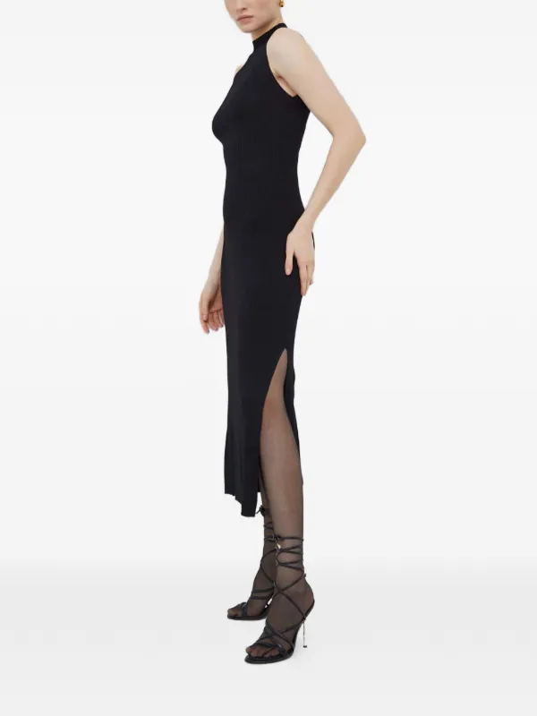 ribbed midi dress with split Jordana Long Sleeve Waist Tie Ribbed Midi Dress Beige