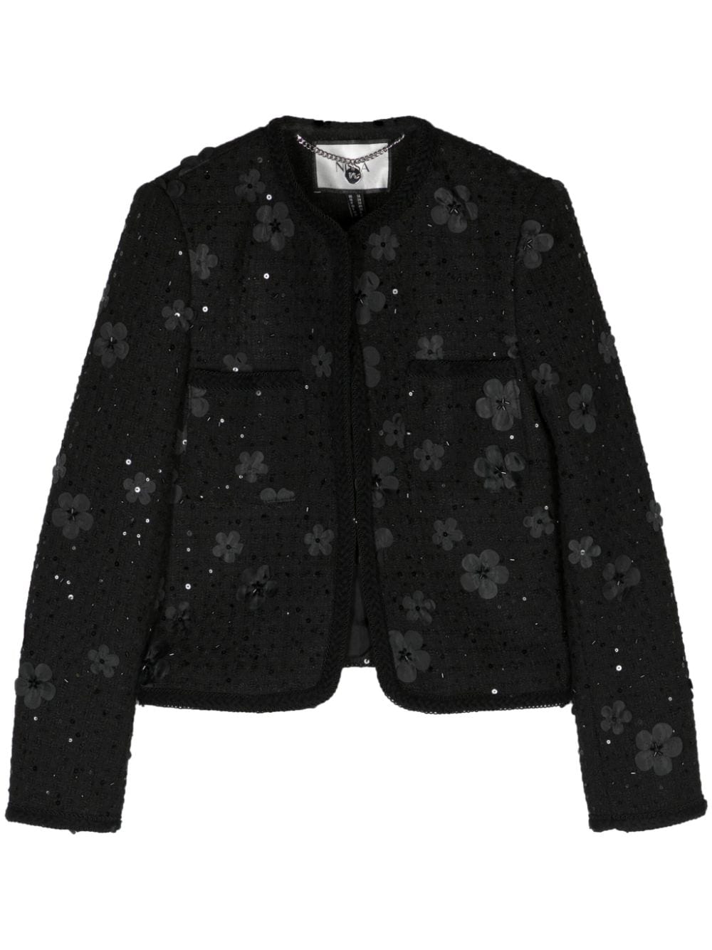 Nissa Floral-appliqué Bouclé Jacket In Black