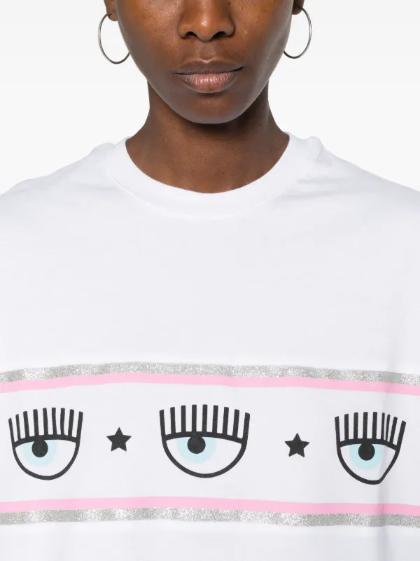 CHIARA FERRAGNI 売れ筋商品|||シアラフェラーニ Tシャツ トップス レディース Bodysuits Black Chiara Ferragni Eyelike-glittered Cotton T-shirt | White