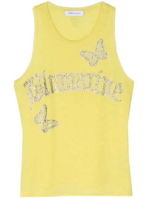 Blumarine rhinestones-logo mesh tank top