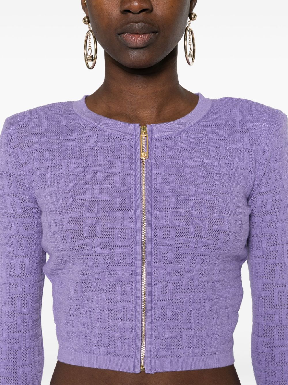 Shop Elisabetta Franchi Jacquard-monogram Cropped Cardigan In Purple