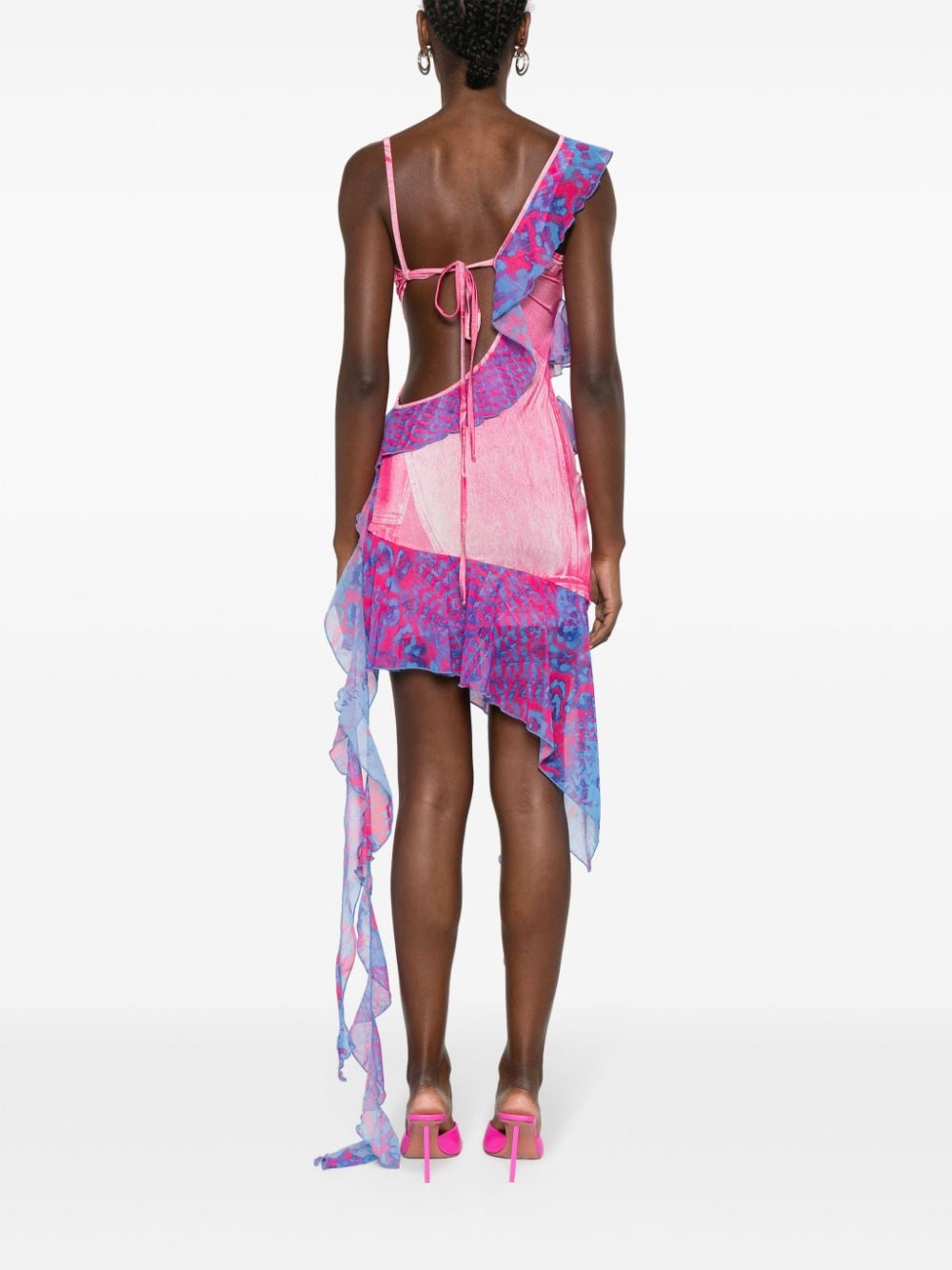 Shop Versace Jeans Couture Denim-print Ruffle-detail Dress In Pink