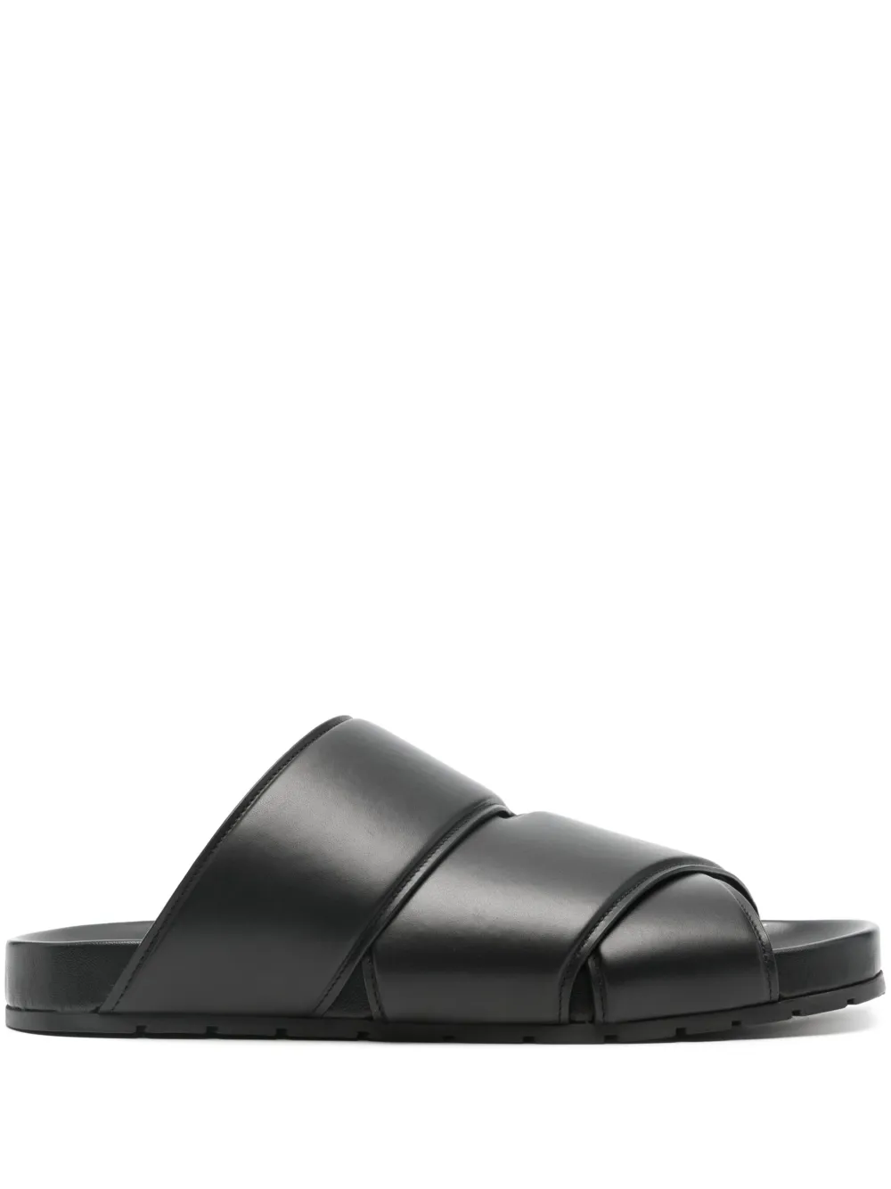 Shop Bottega Veneta Bridge Leather Slides In Black