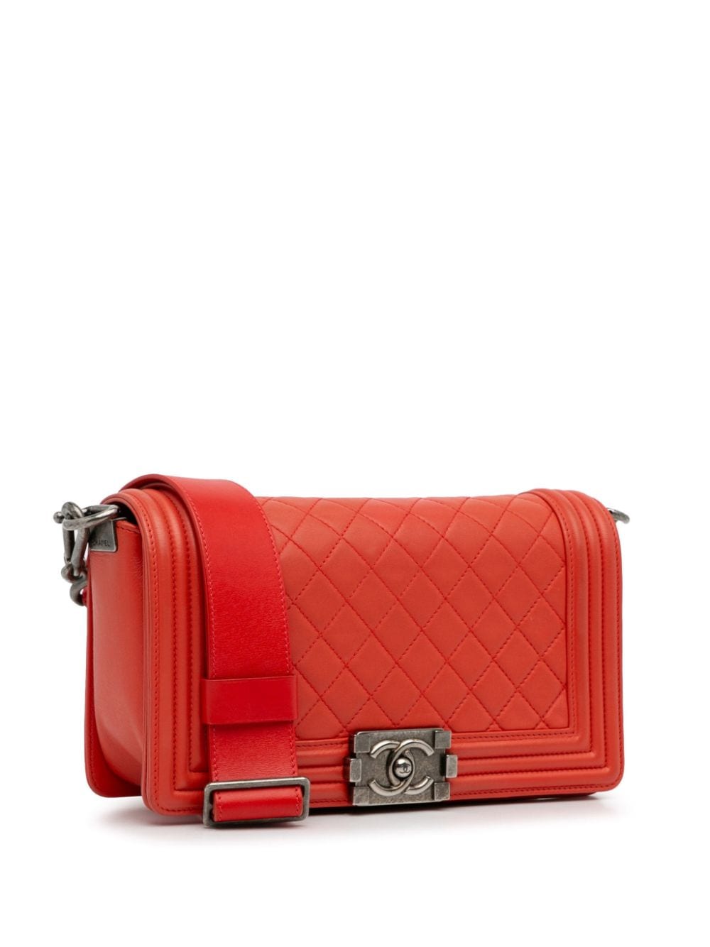 Pre-owned Chanel 2012   Medium Lambskin Boy Galuchat Strap Flap Crossbody Bag In Red
