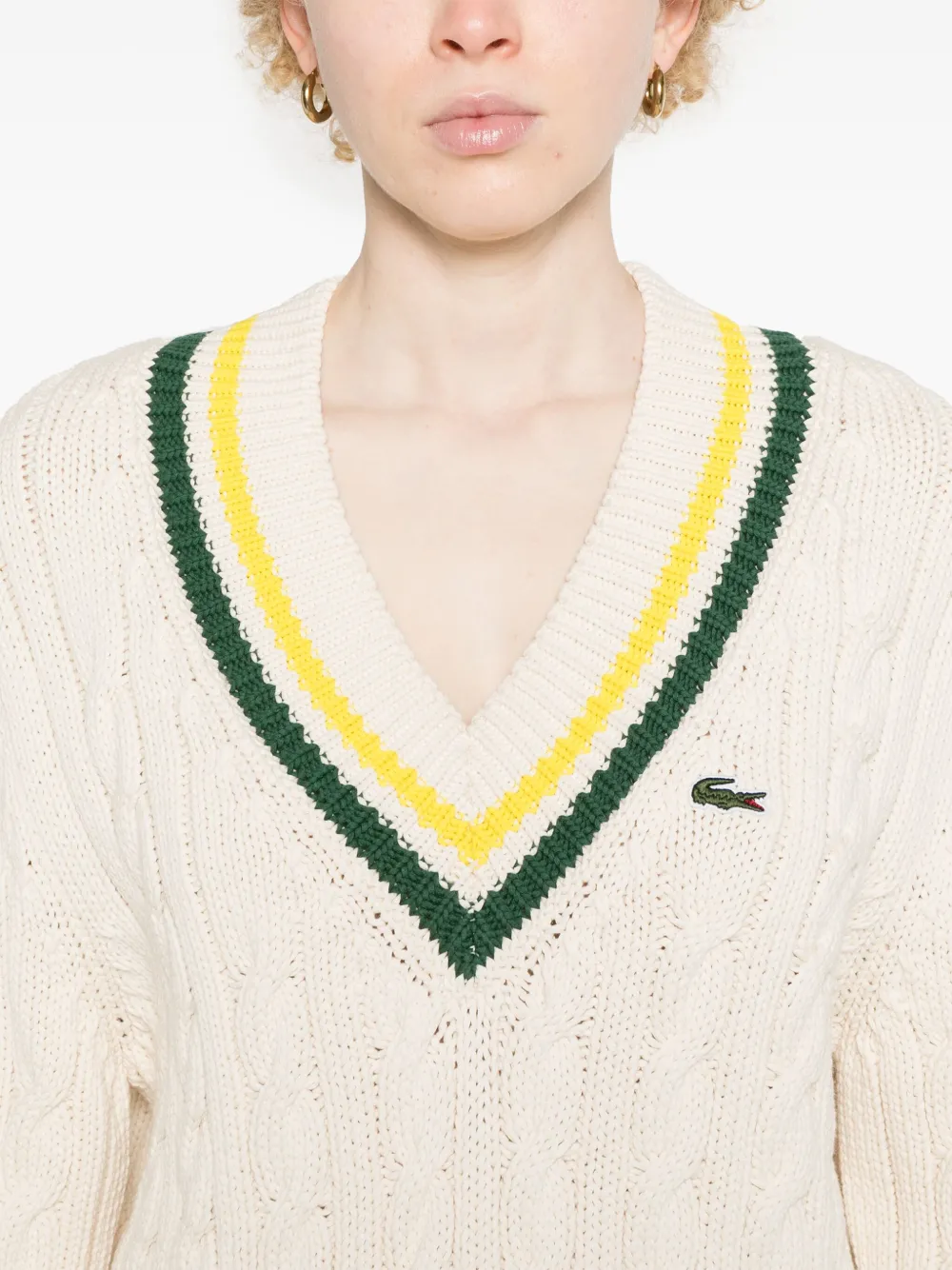 Shop Lacoste V-neck Cable-knit Jumper In White