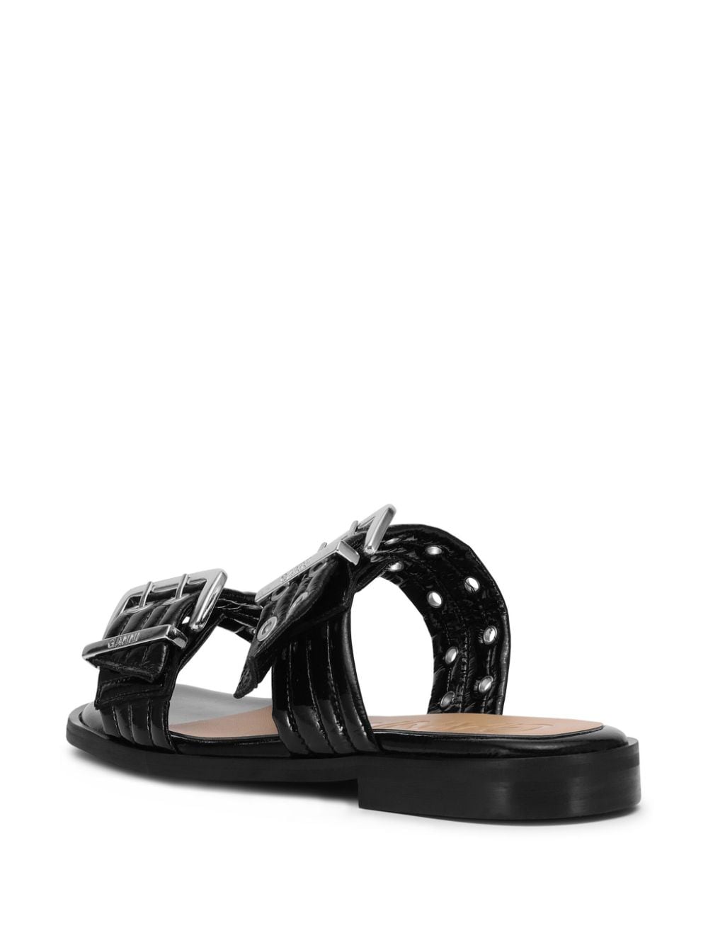 Shop Ganni Buckle Flat Leather Sandals In Schwarz