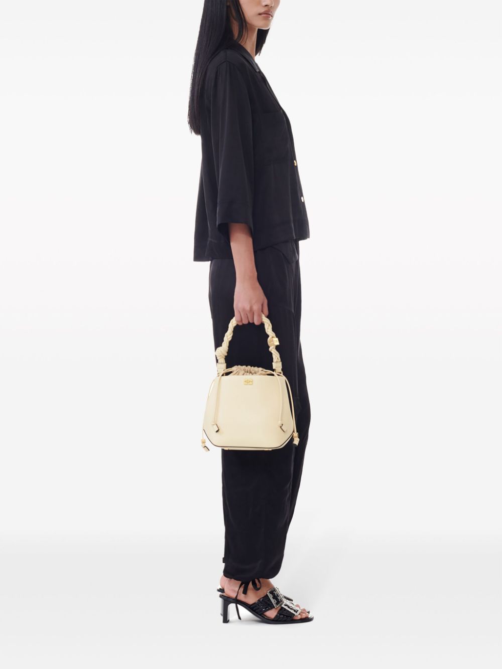 Shop Ganni Braided-handle Leather Bucket Bag In Nude