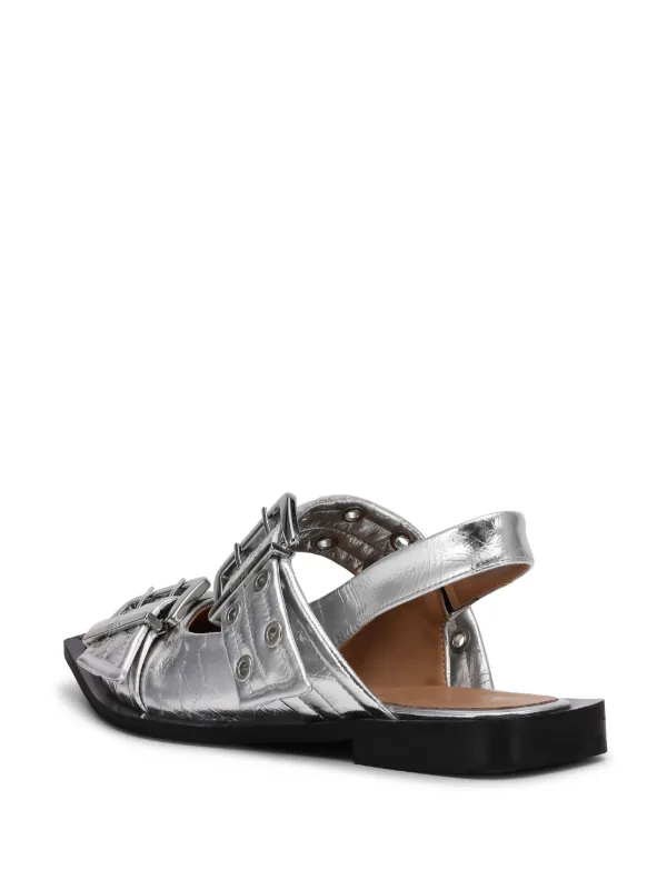 GANNI double-buckled metallic-effect Ballerina Shoes