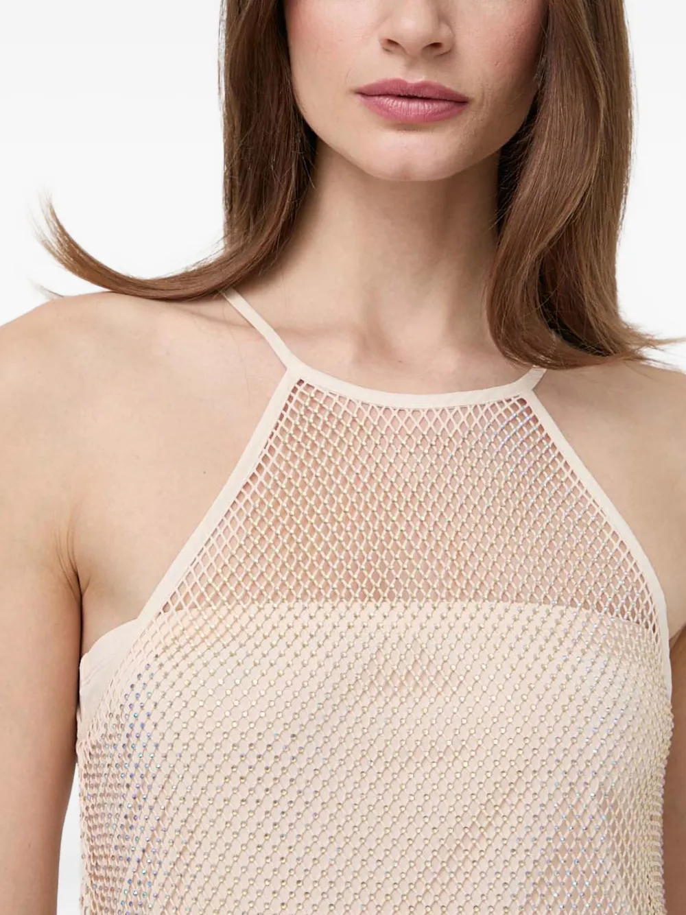 Patrizia Pepe Crystal-embellished Mesh Top In Neutral