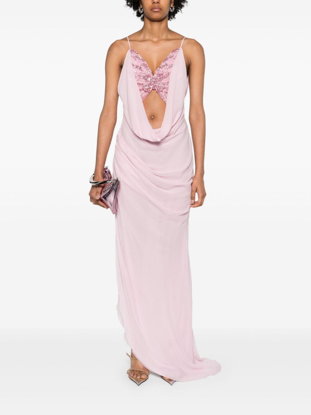 Shop Blumarine Butterfly-appliqué Silk Gown In Pink