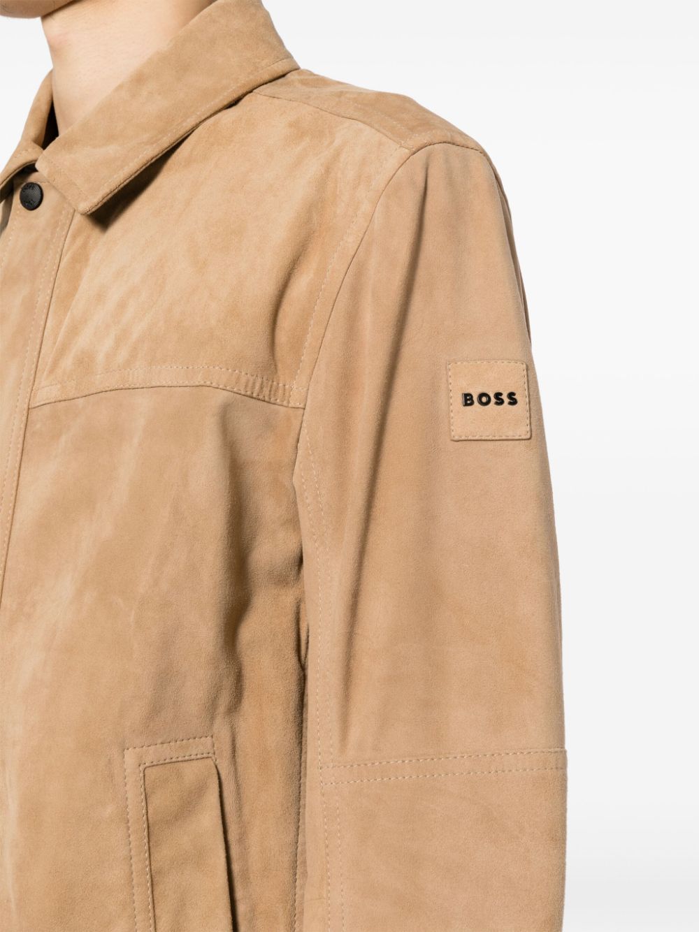 Shop Hugo Boss Logo-patch Suede Shirt Jacket In Brown