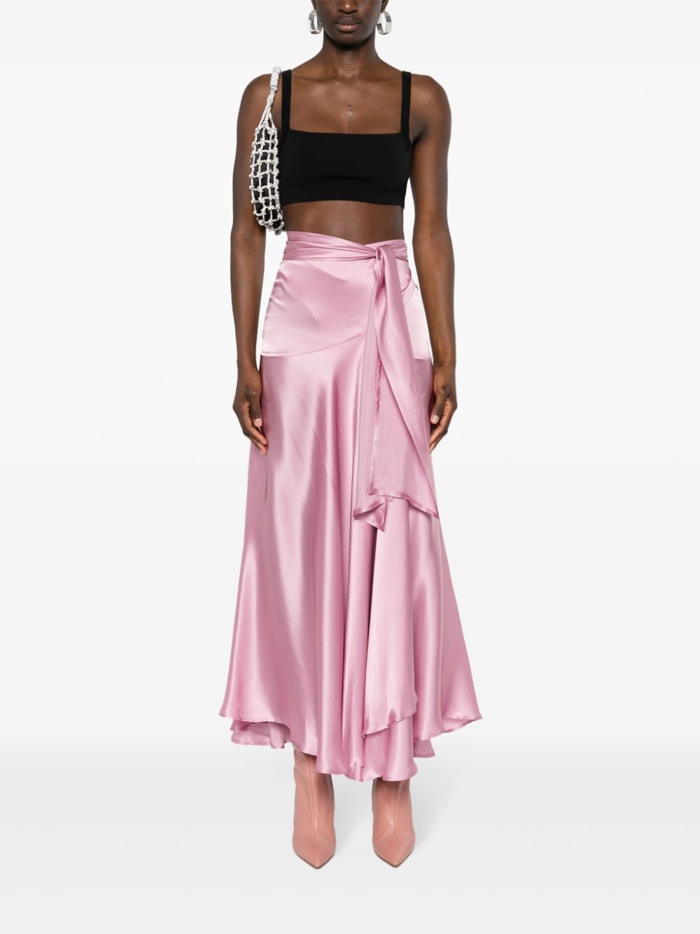 Shop Amen Wraparound Satin Midi Skirt In Pink