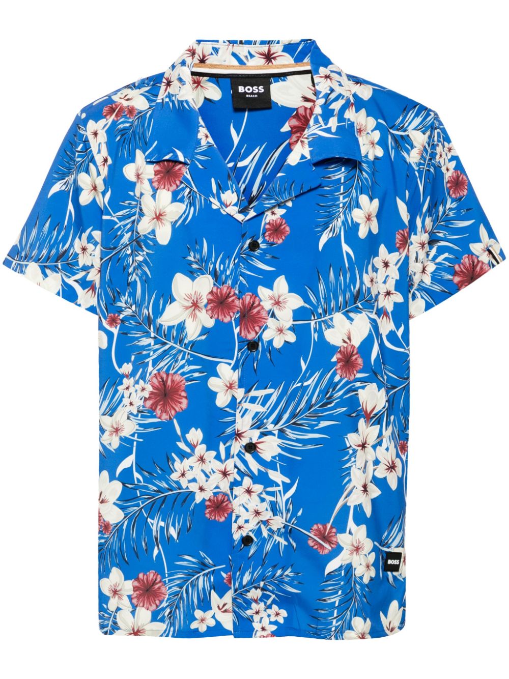 Hugo Boss Mens Short Sleeve Tropical Print Beach Shirt In Medium Blue 423