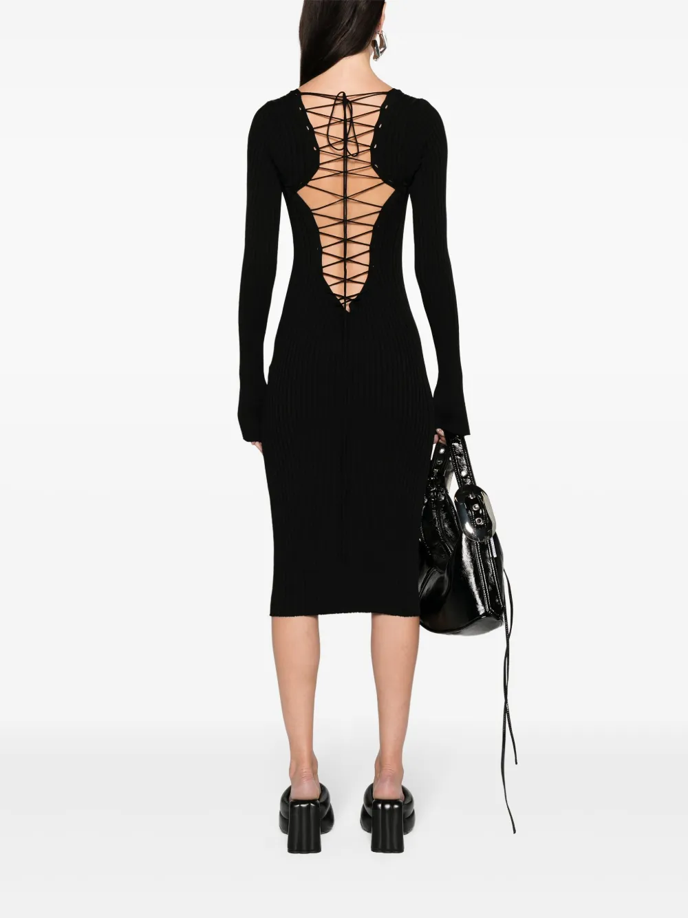 Shop Stella Mccartney Lace-up Ribbed-knit Dress In Black