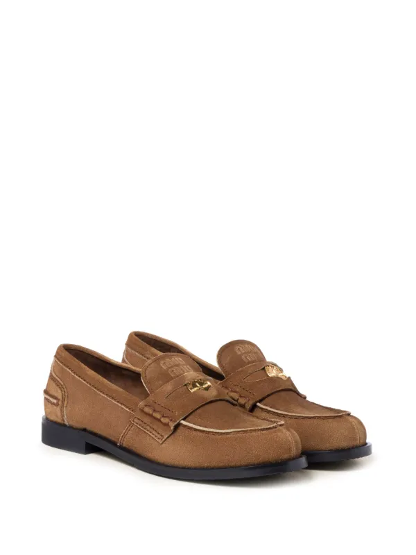 Miu Miu coin-plaque Suede Loafers | Brown | FARFETCH
