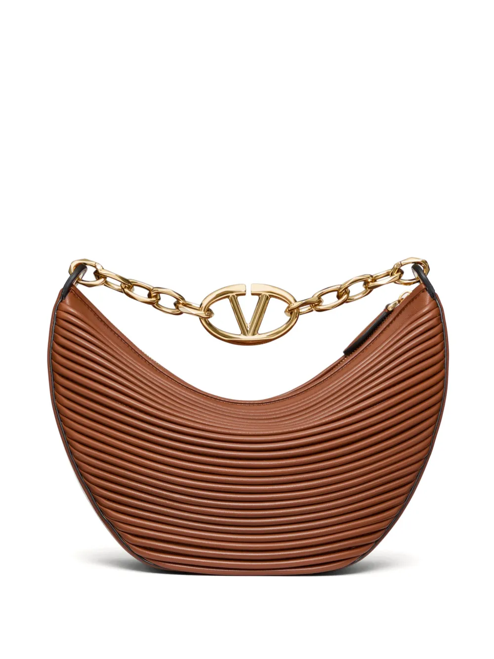 Valentino Garavani Small Vlogo Moon Hobo Bag In Nappa Leather With Chain Woman Tobacco Uni In Brown