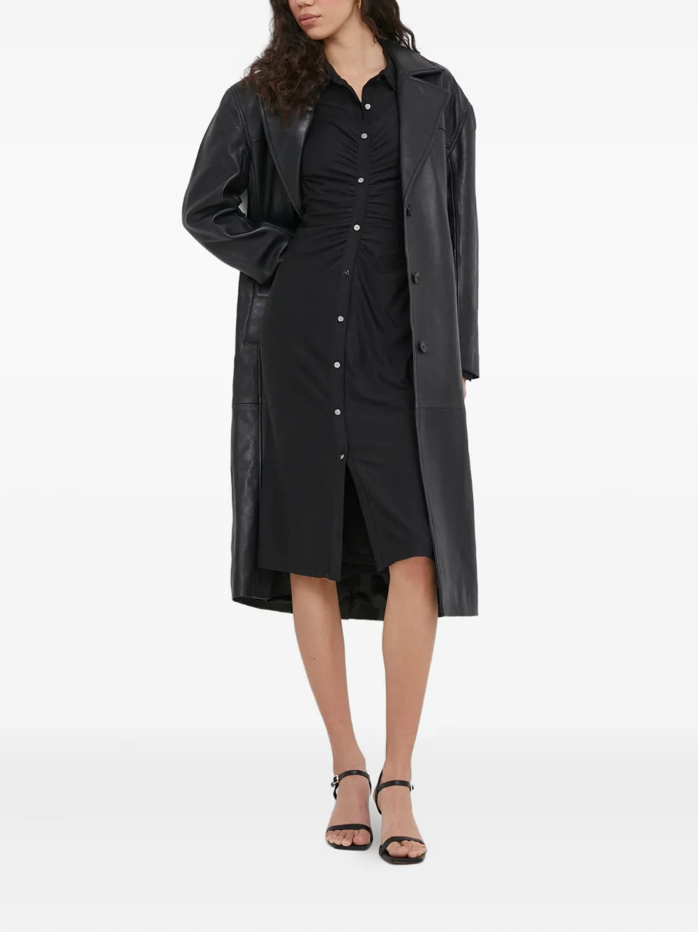 Dkny Buttoned Gathered Midi Dress In Black
