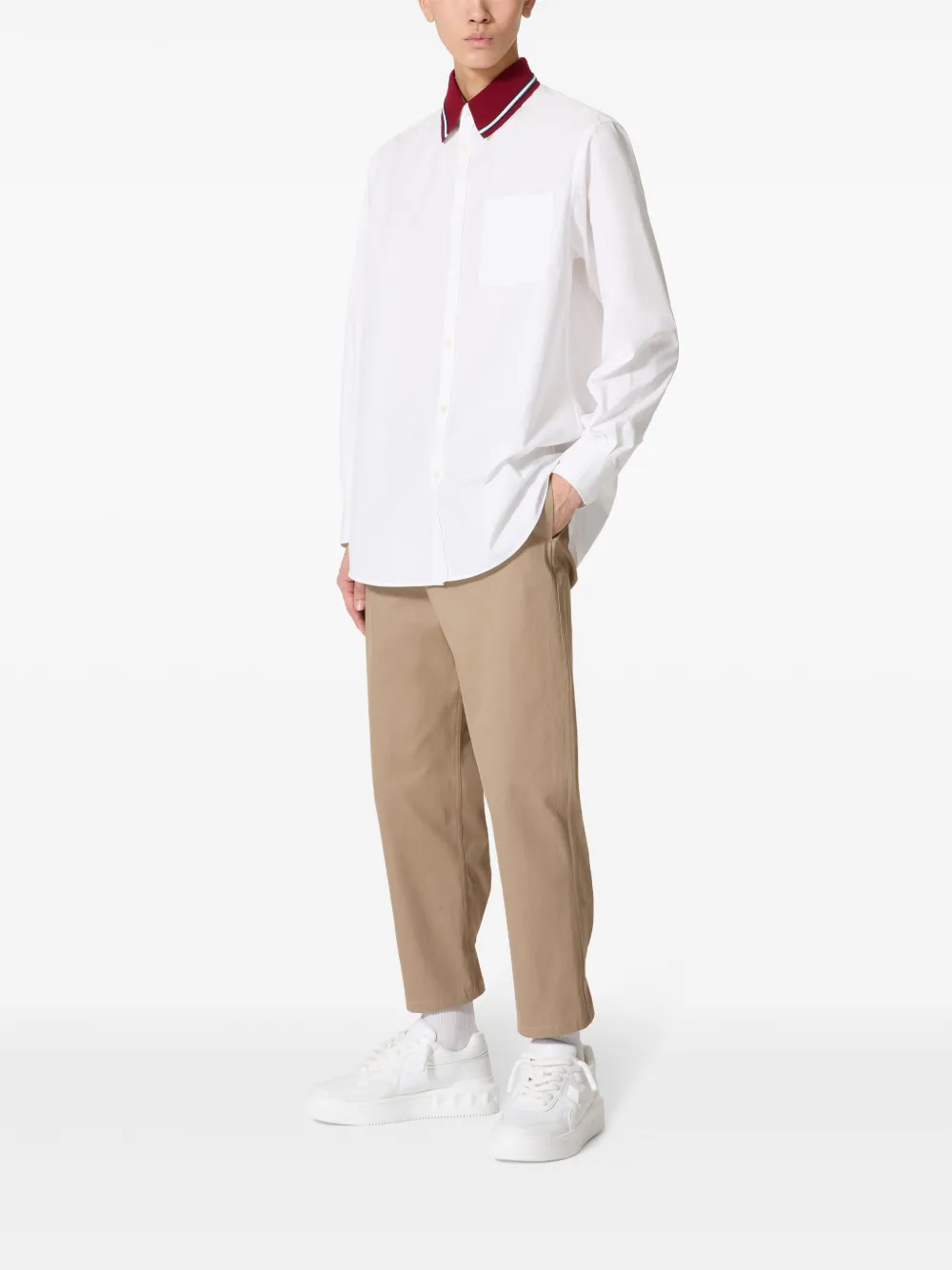 Shop Valentino Contrasting-collar Cotton Shirt In 白色