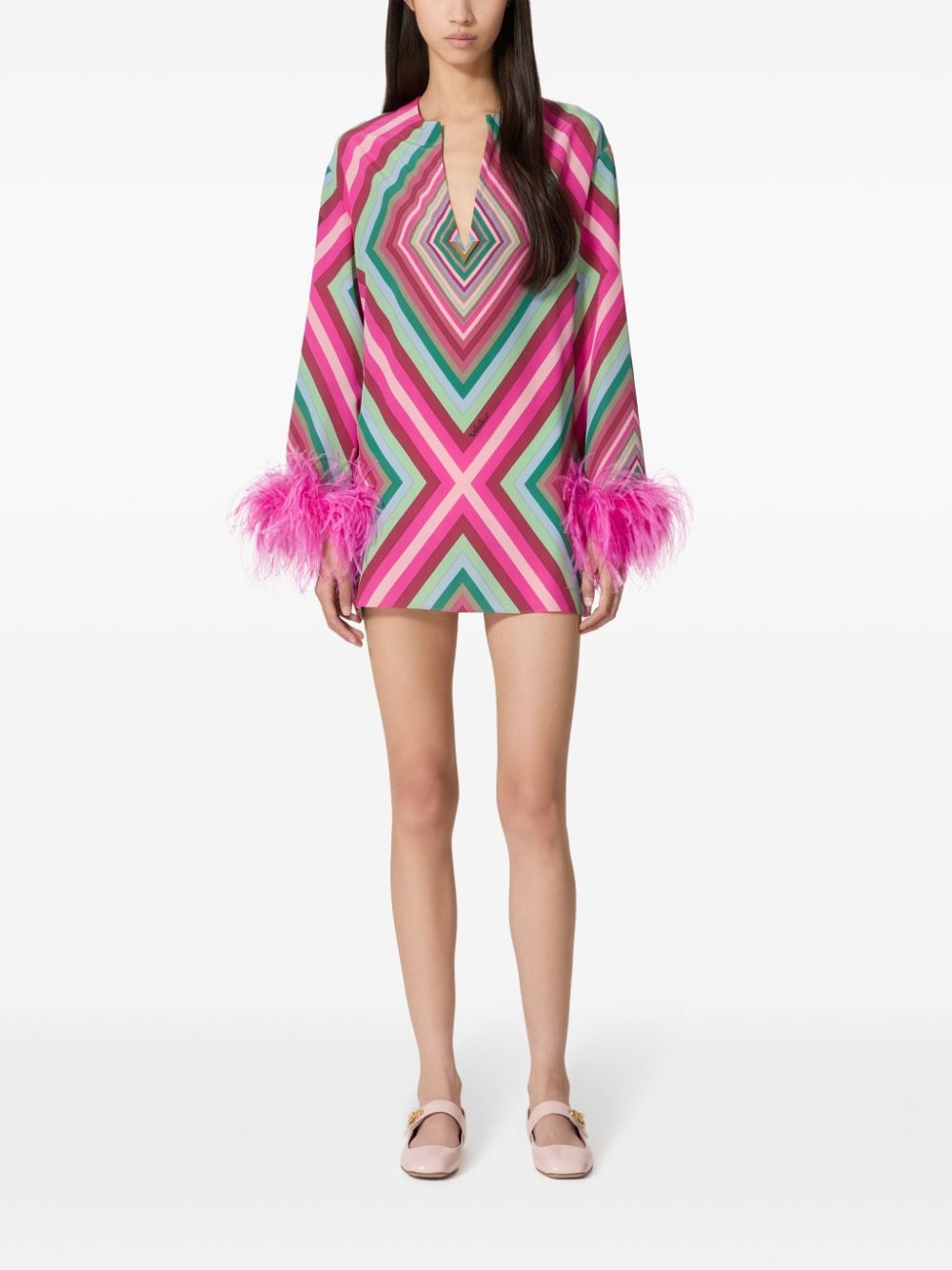 Shop Valentino Feather Detailed Silk Dress In Pink