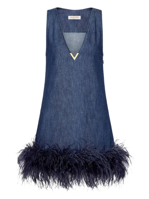 Valentino Garavani feather-trim denim dress