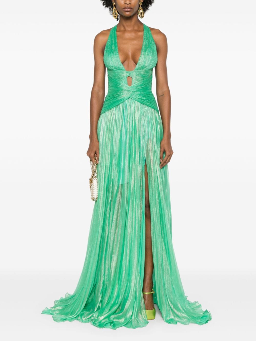 Shop Iris Serban Lamé Plissé-effect Gown In Green