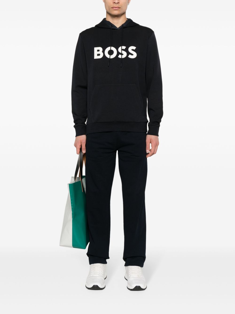 Image 2 of BOSS logo-raised drawstring hoodie