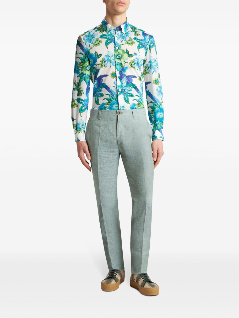 Shop Etro Linen Tailored Trousers In Green