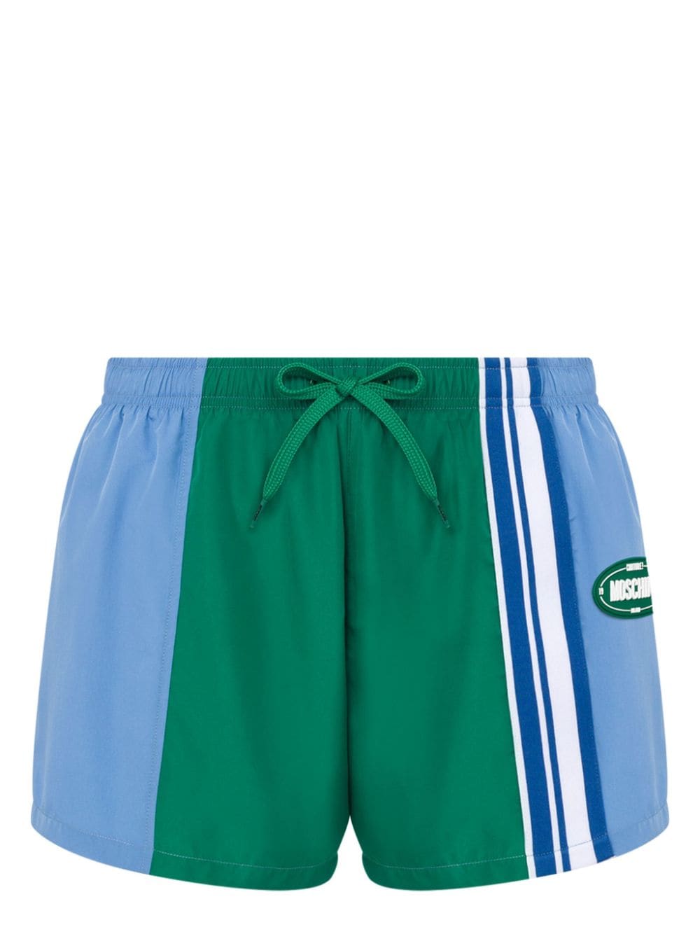 Moschino Logo Patch Striped Swim Shorts In Green