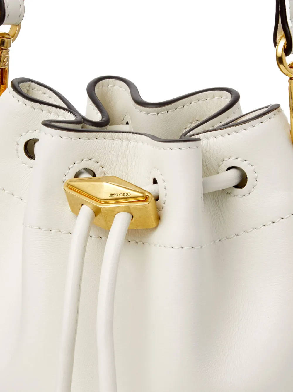 Shop Jimmy Choo Mini Cinch Leather Bucket Bag In White