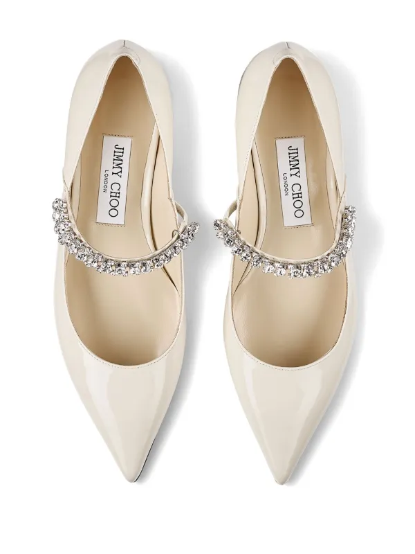 JIMMY CHOO BING FLAT クリスタルストラップ付き ミュール Bing Flat | Linen Patent Leather Mules with Crystal Strap