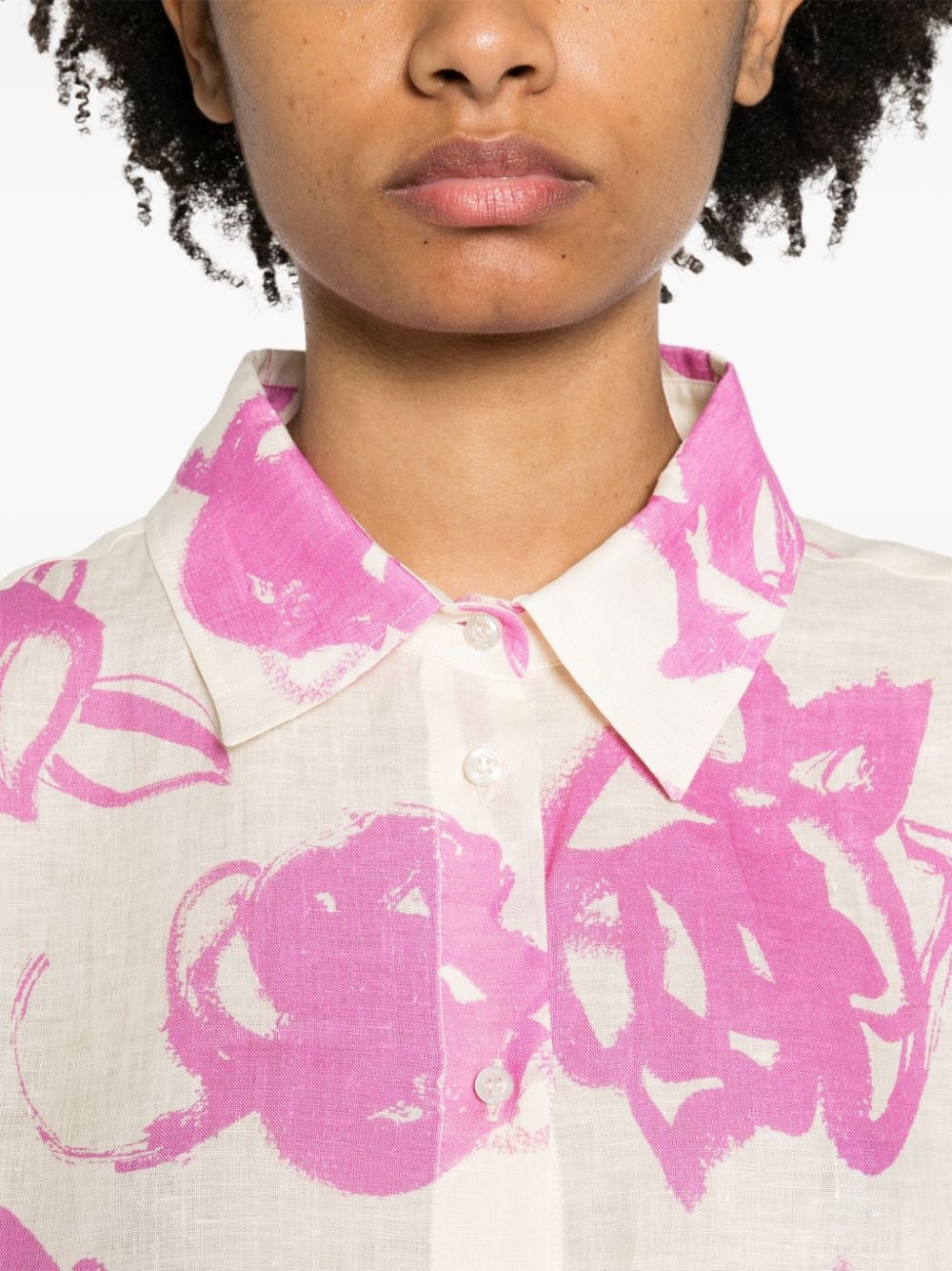 Shop Msgm Floral Linen Chambray Shirt In Pink
