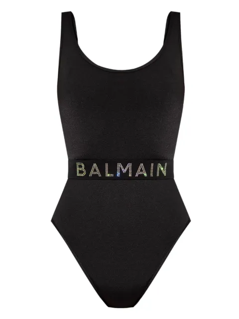 Balmain rhinestone logo swimsuit Women
