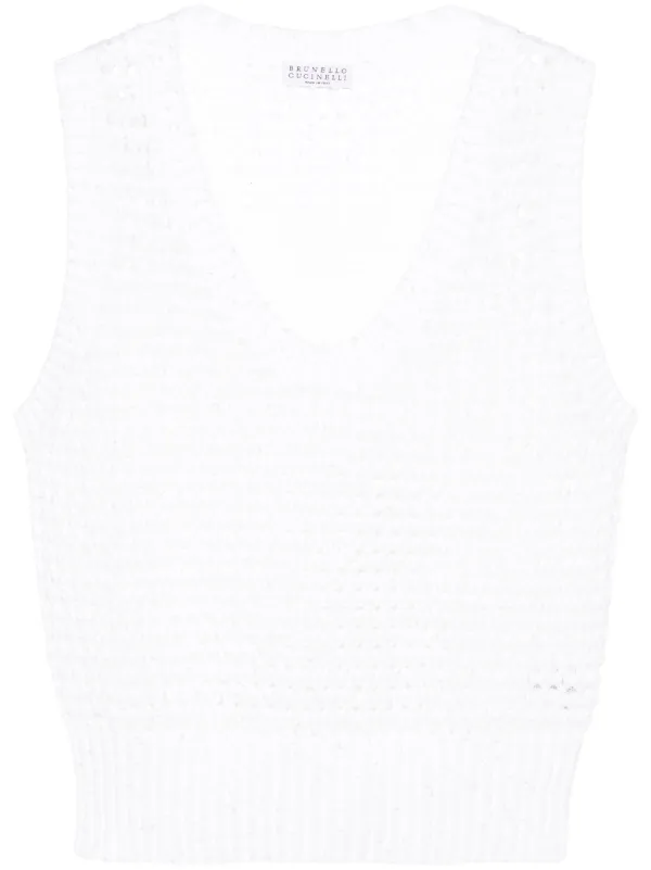 【送料&関税込】Brunello Cucinelli High Embellished Waist Pl Brunello Cucinelli sequin-embellished open-knit Top | White