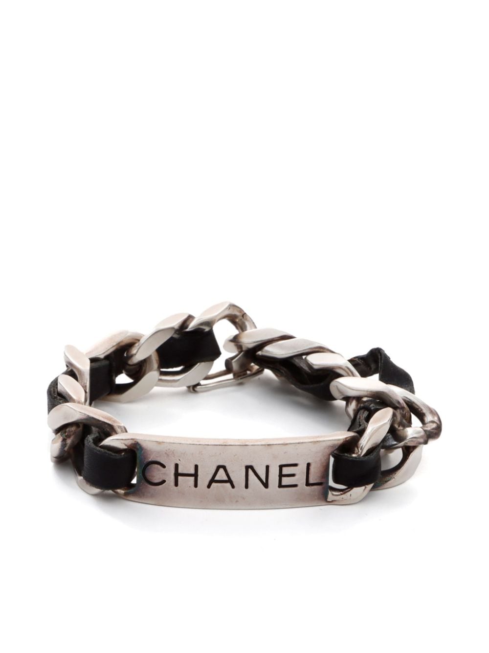 Pre-owned Chanel 1996 Logo Leather-and-chain Belt In Silver