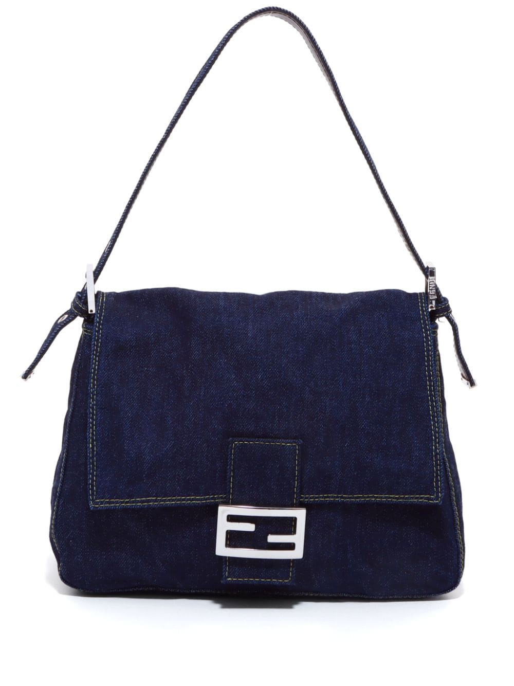 Pre-owned Fendi Ff Plaque Denim Shoulder Bag In Blue