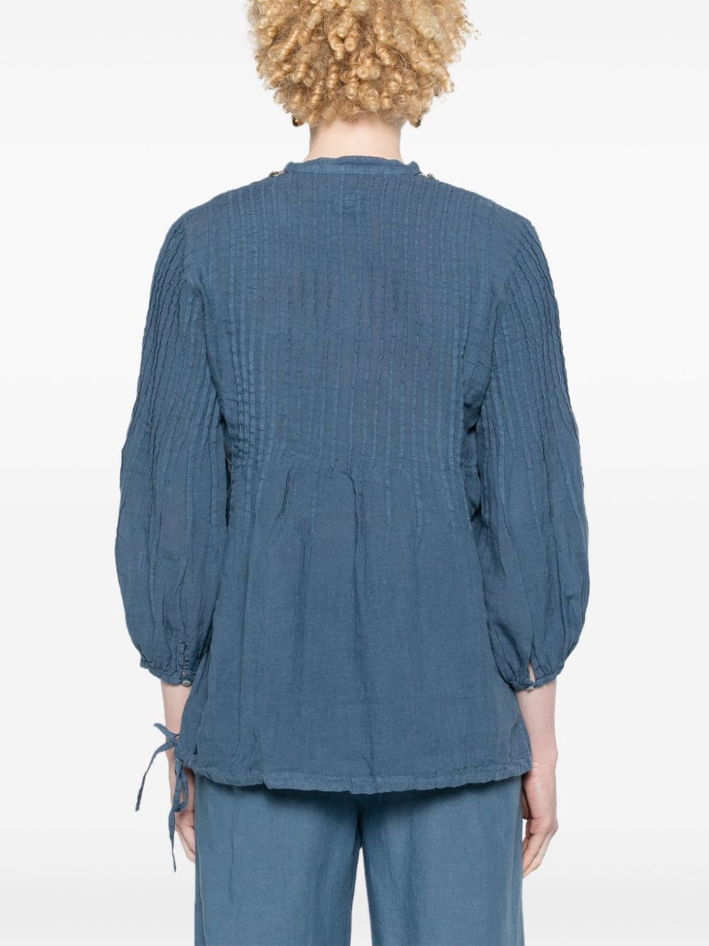 Shop 120% Lino Split-neck Linen Blouse In Blue