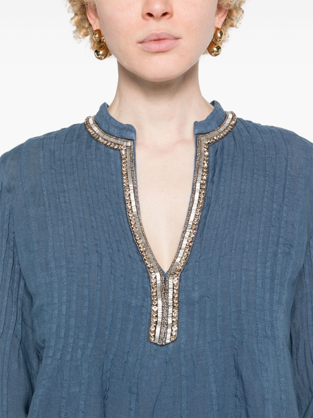 Shop 120% Lino Split-neck Linen Blouse In Blue