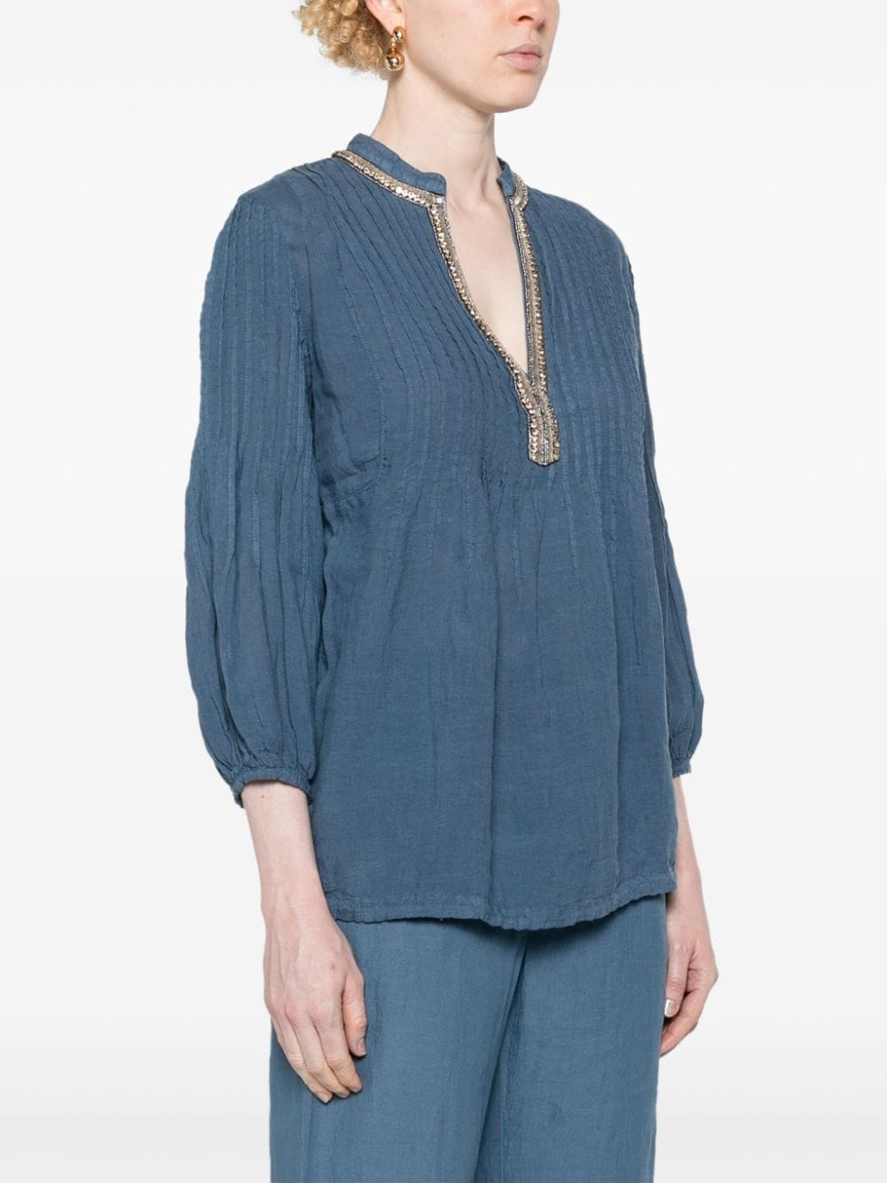 Shop 120% Lino Split-neck Linen Blouse In Blue